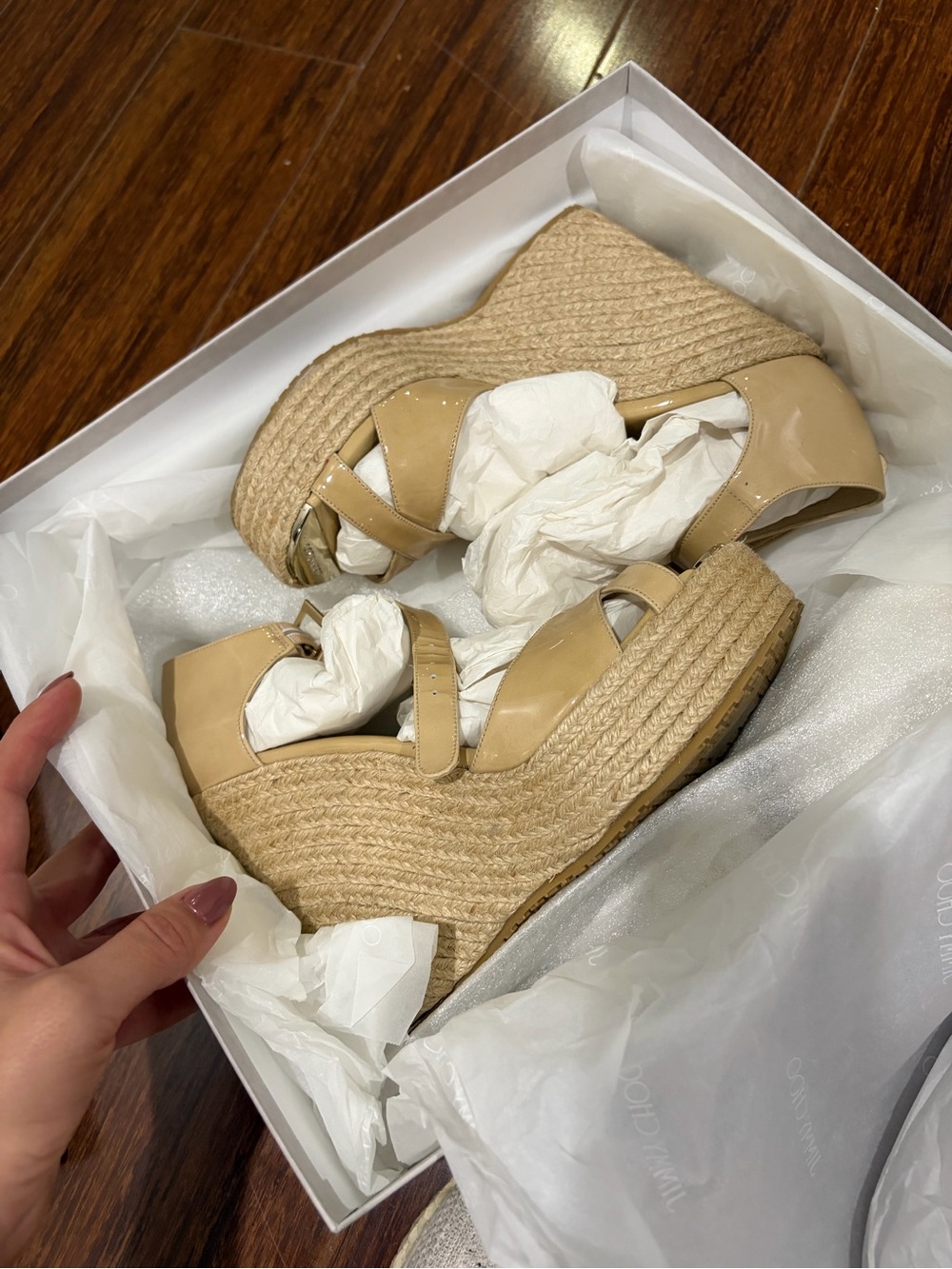 Jimmy Choo Beige Patent Espadrille Wedge Sandals